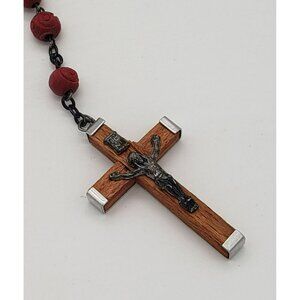 Vintage Rosary Carved Red Prayer Beads Wood Cross, Basilica Pietro Paolo Italy